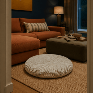 Round woven natural floor cushion in a lived-in South African interior, lifestyle scene 2