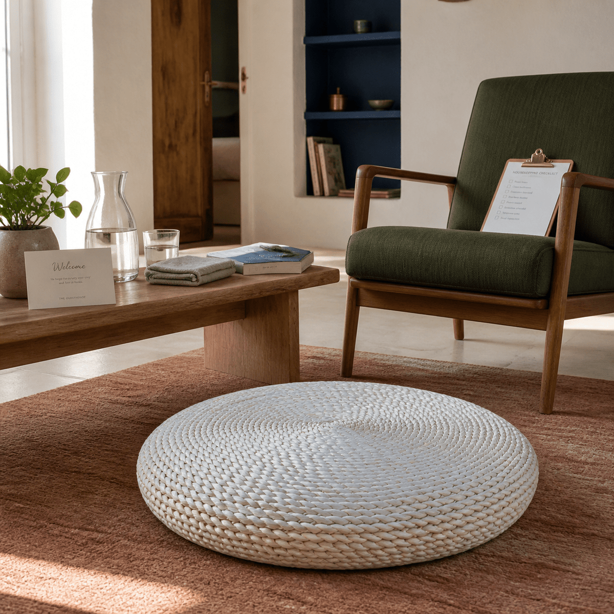 Round woven natural floor cushion in a lived-in South African interior, lifestyle scene 4