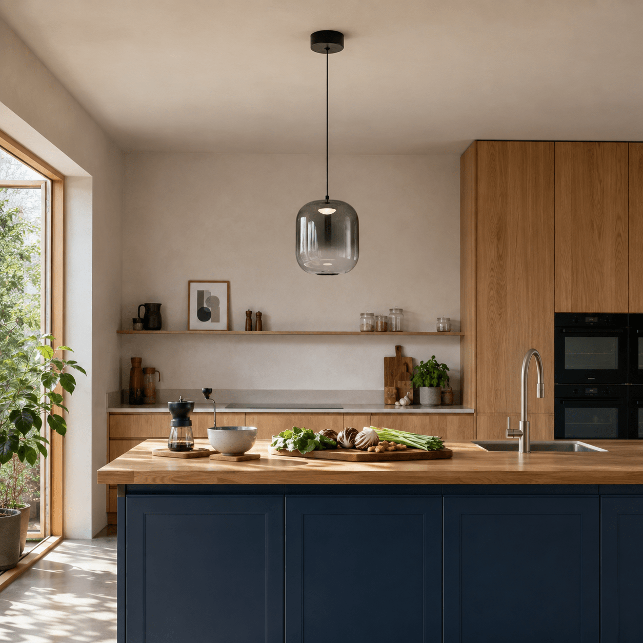 Black smoky-glass LED pendant light above a petrol-blue kitchen island