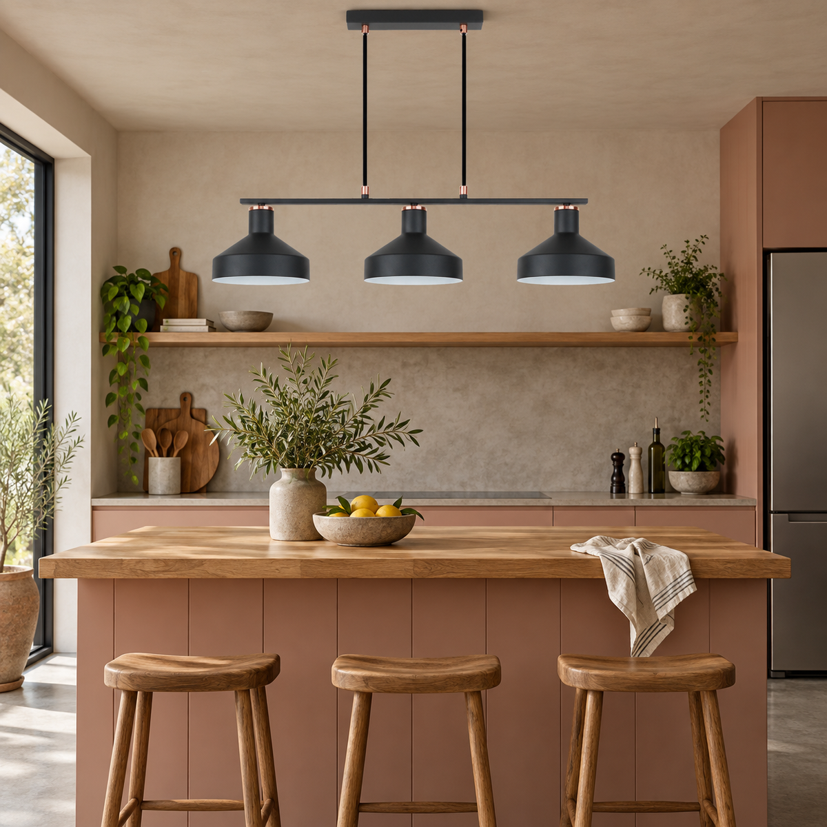 Orka black three light pendant above a clay kitchen island