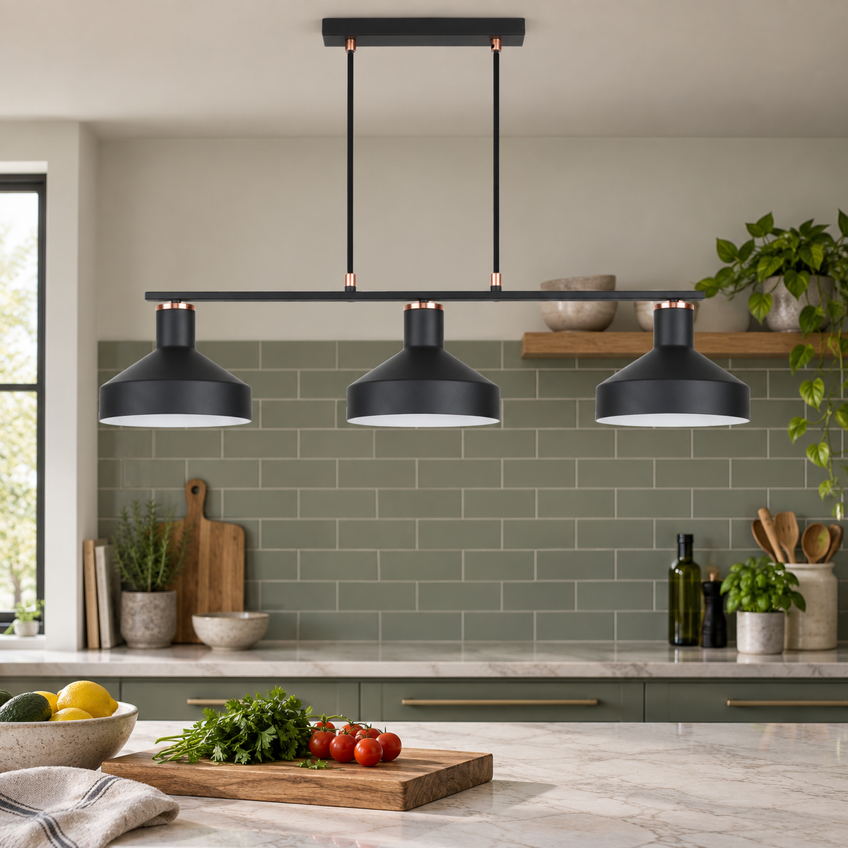Orka black three light pendant above a sage prep counter