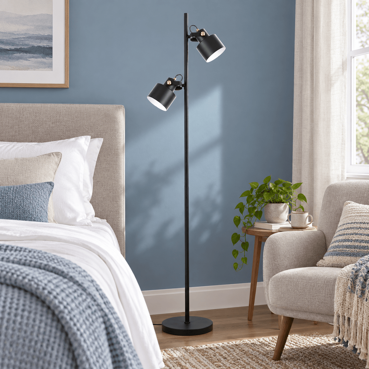 Orka black floor lamp in a dusty blue bedroom corner