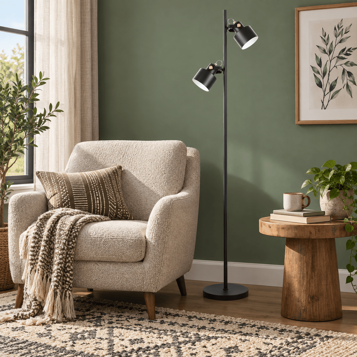 Orka black floor lamp beside a sage reading chair
