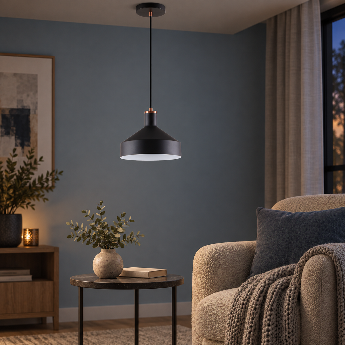 Orka black pendant above a lounge side table
