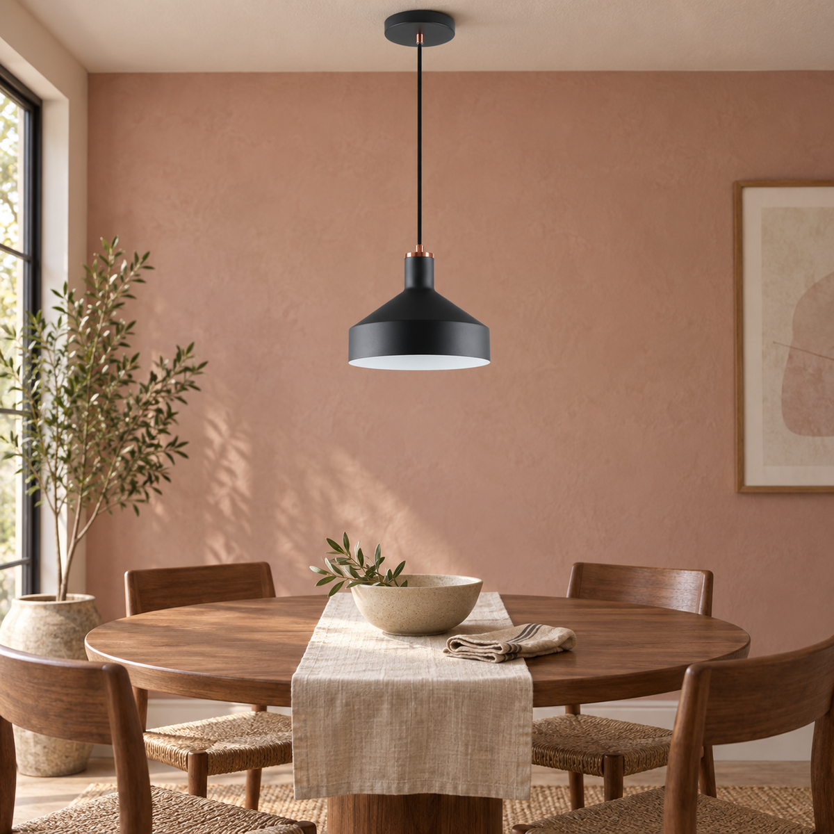 Orka black pendant over a clay pink dining nook