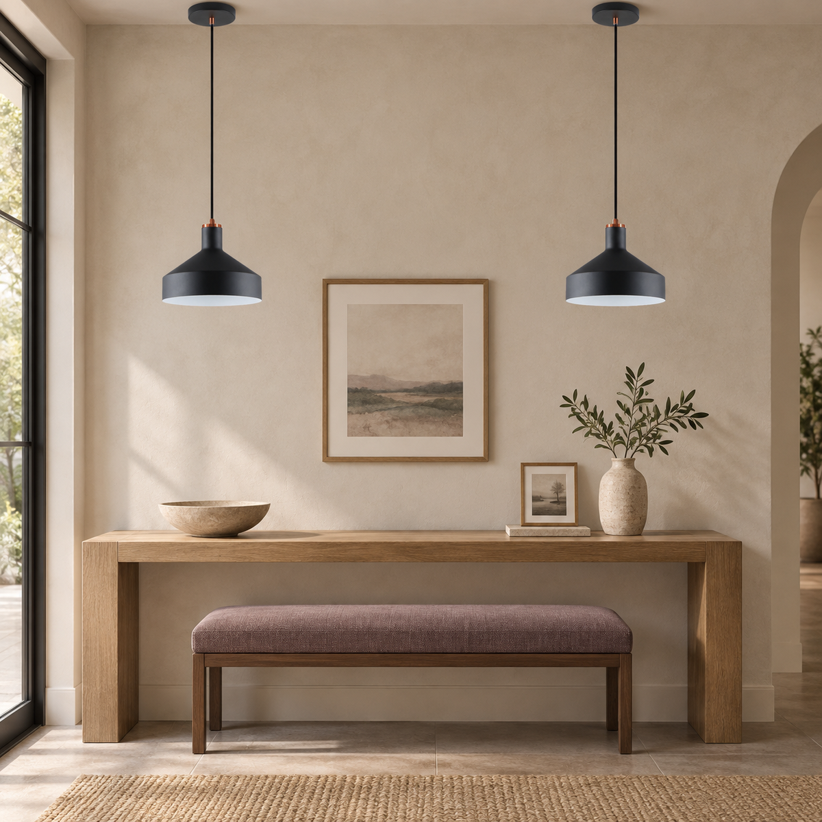 Pair of Orka black pendants in a mauve entryway