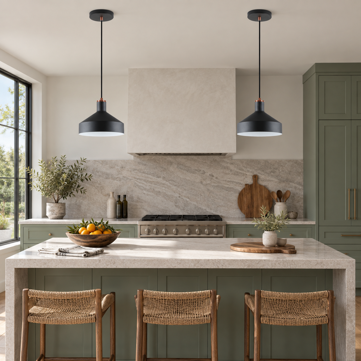Pair of Orka black pendants over a sage kitchen island