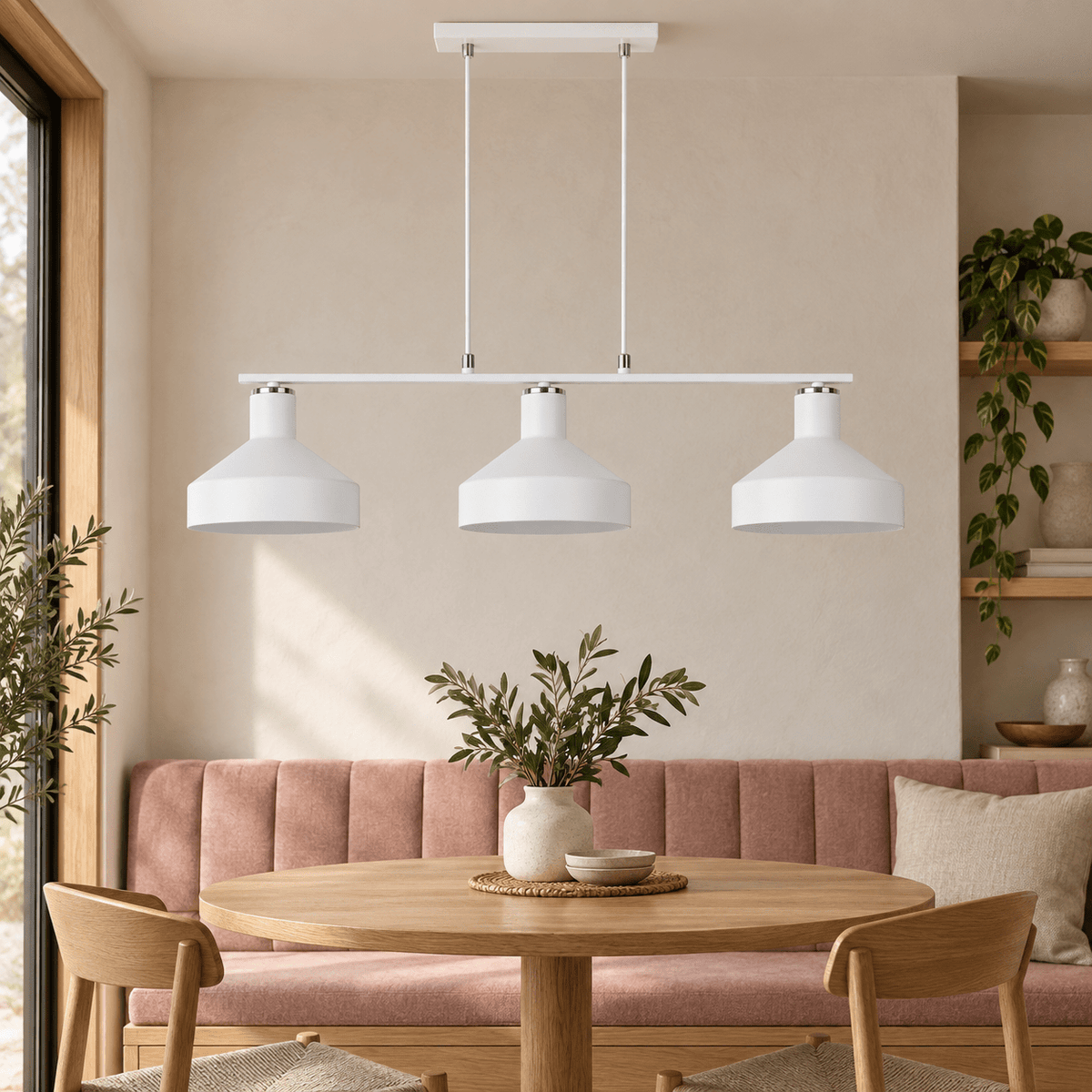 Orka white three light pendant above a clay bench dining area