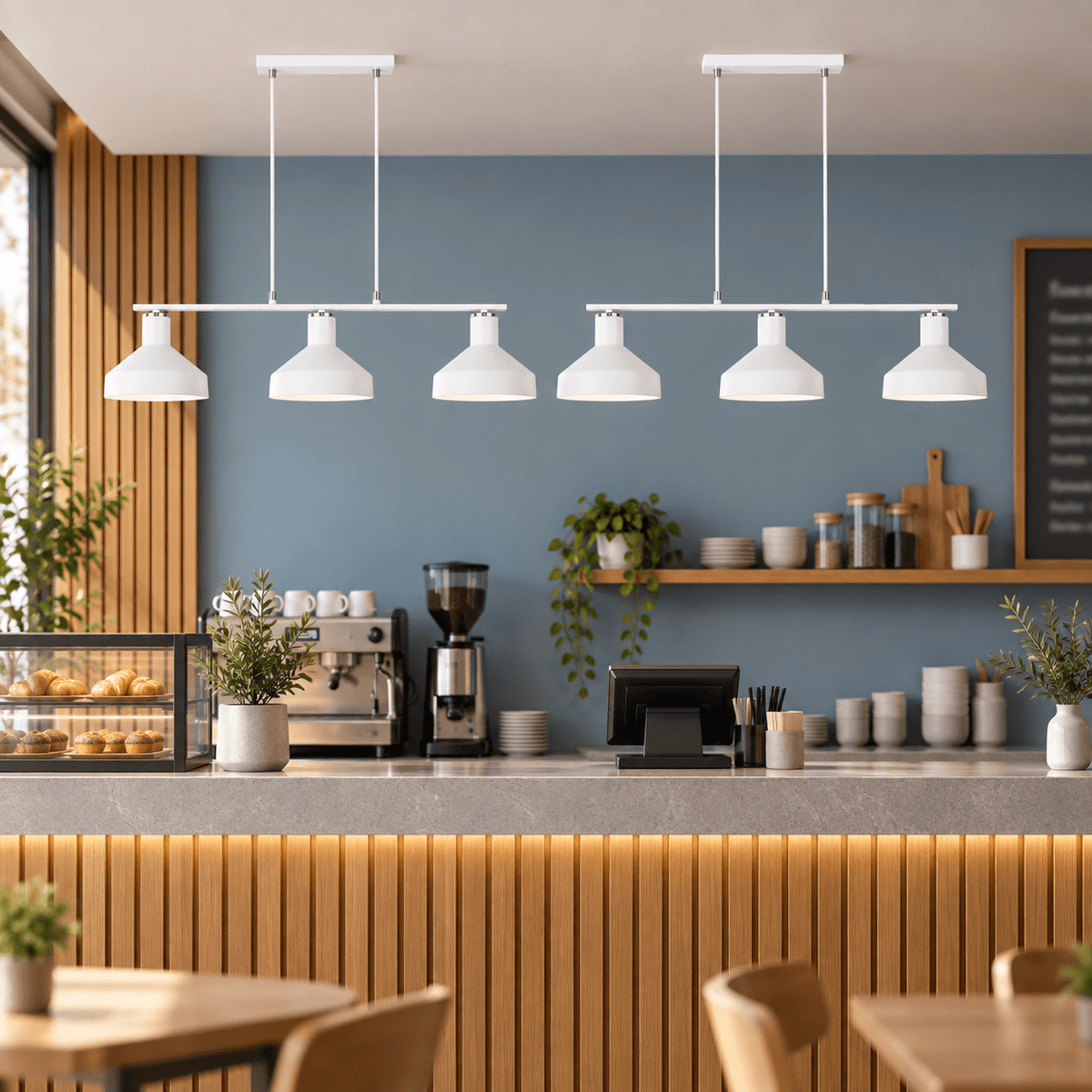 Pair of Orka white three light pendants over a restaurant counter