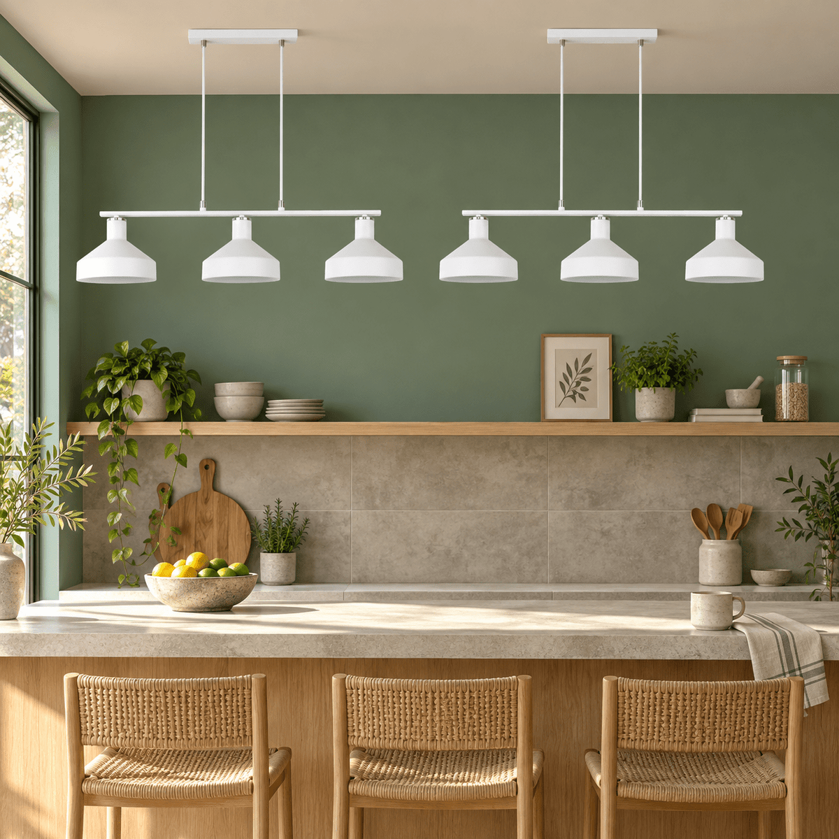 Pair of Orka white three light pendants over a breakfast counter