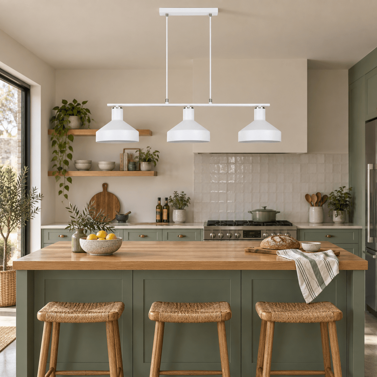 Orka white three light pendant above a sage kitchen island