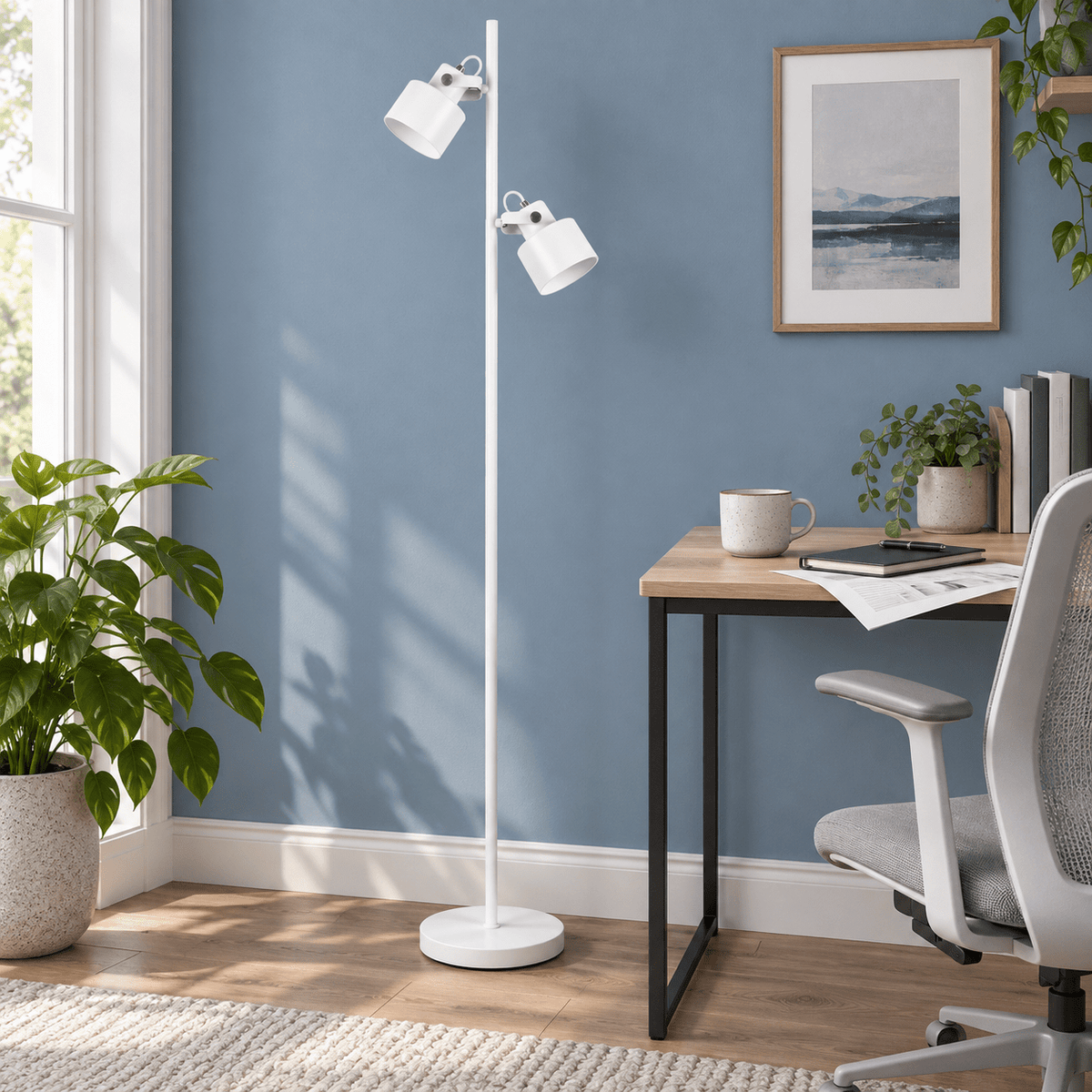 Orka white floor lamp beside a dusty blue home office