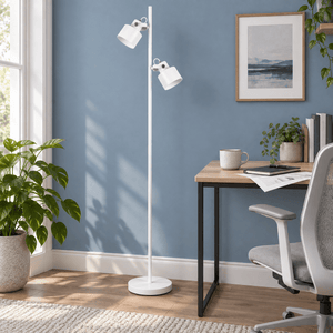 Orka white floor lamp beside a dusty blue home office