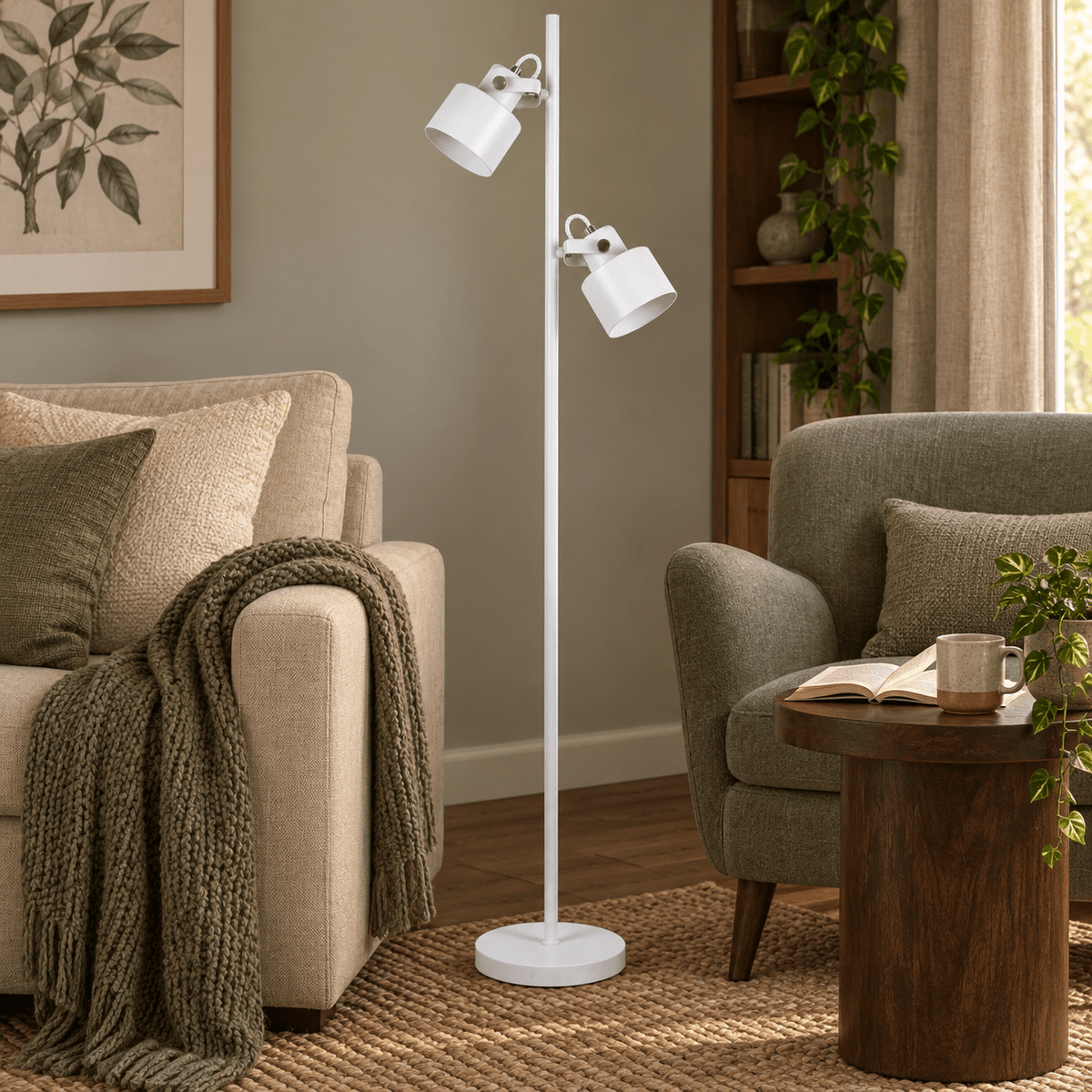 Orka white floor lamp beside a sage chair