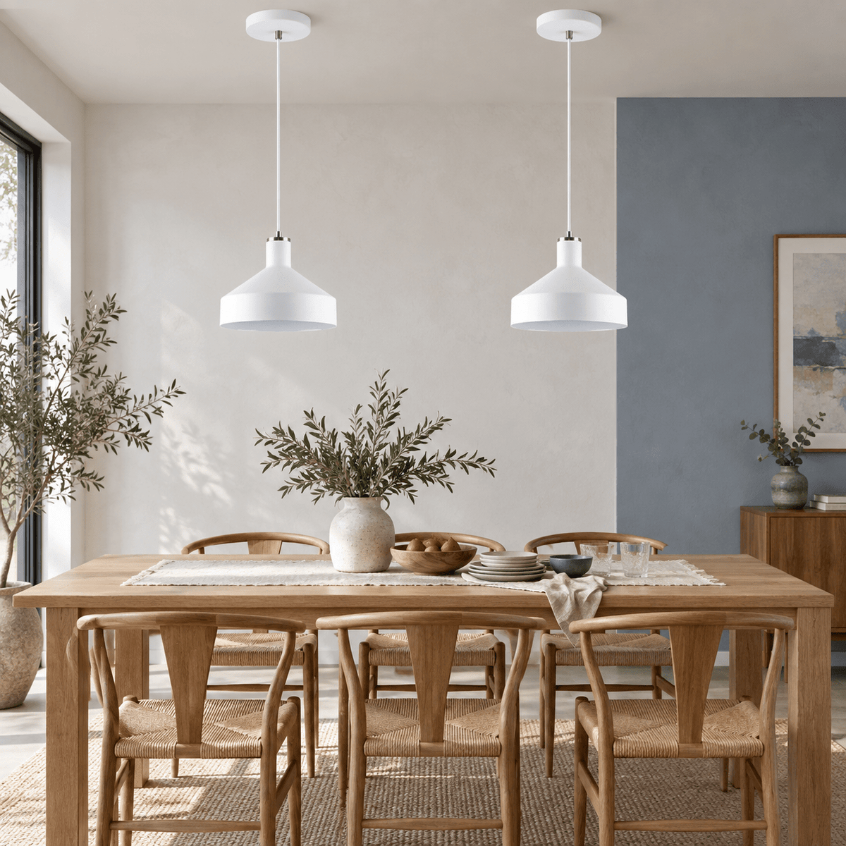 Pair of Orka white pendants over a dining table