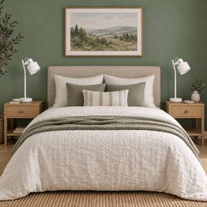 Pair of Orka white table lamps on sage bedside tables