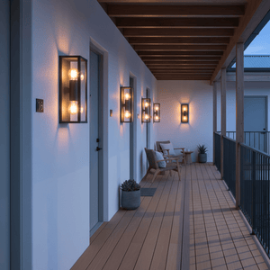 Outdoor wall lights illuminate a modern porch area with wooden decking and potted plants.