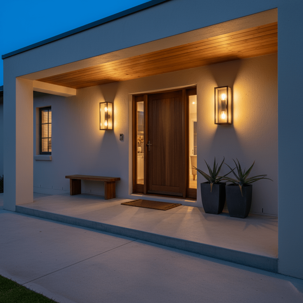 Outdoor wall light illuminating a modern entrance with wooden door and potted plants.