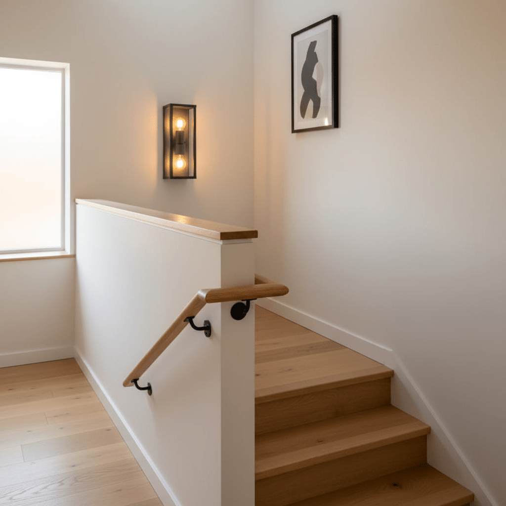 Amezola 2L wall light mounted beside a staircase, illuminating the space with a warm glow.