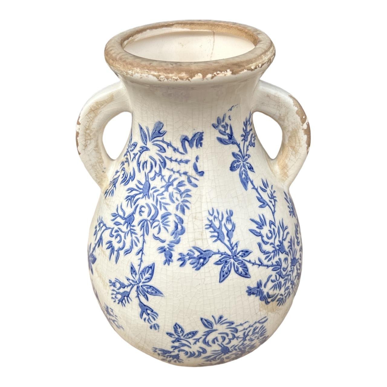 P6863173 Ceramic Two Arm Vase - Blue Leaves Silhouettes - Future Decor