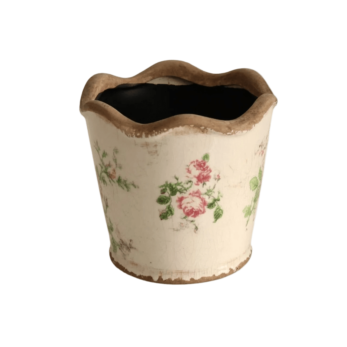 Petite Off White Pot - Pink Roses & Green Leaves