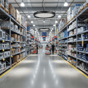 LED high-bay lights illuminating a busy retail aisle filled with products and shoppers.