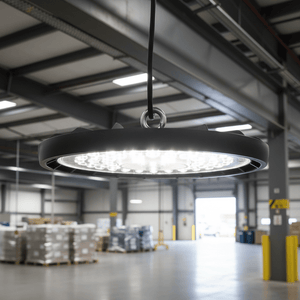 Close-up of a UFO LED high-bay light hanging in a spacious warehouse, illuminating the area below.