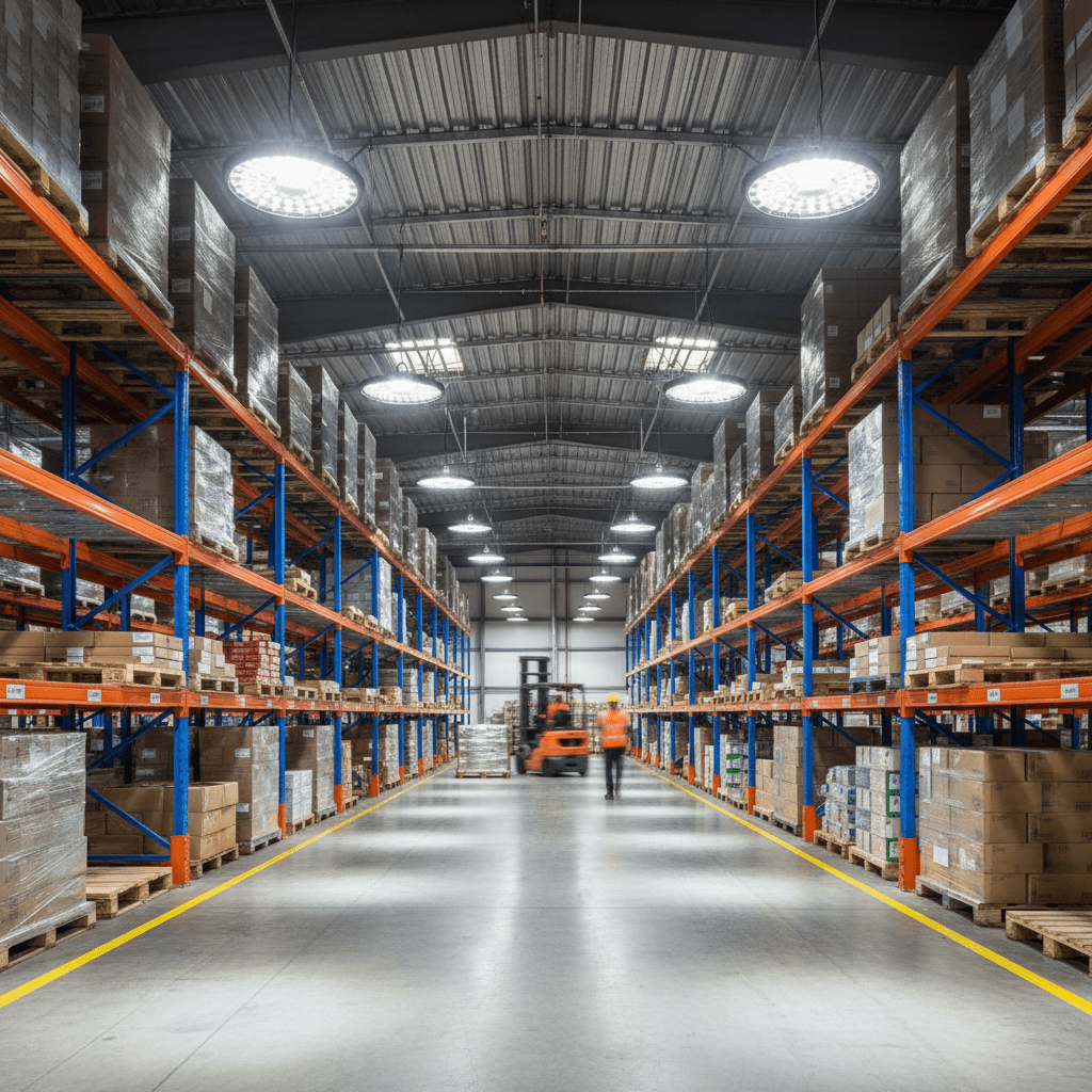 A well-lit warehouse aisle featuring high shelves stacked with boxes, illuminated by UFO LED high-bay lights.