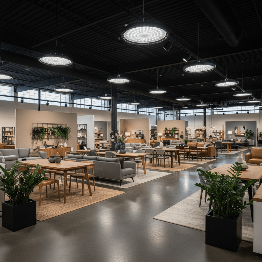 Brightly lit retail space showcasing furniture with UFO LED high-bay lights overhead.