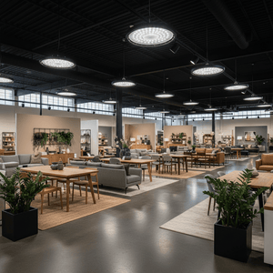 Brightly lit retail space showcasing furniture with UFO LED high-bay lights overhead.