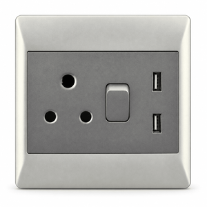 16 Amp plug with dual USB ports on a white background