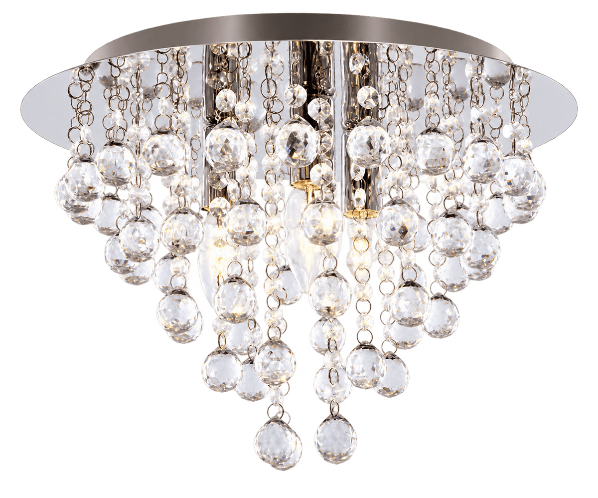 Polished chrome ceiling fitting with cascading clear acrylic crystals on a transparent background.