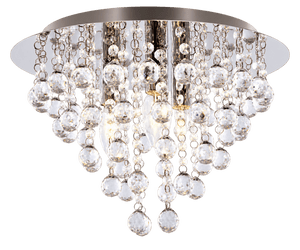 Polished chrome ceiling fitting with cascading clear acrylic crystals on a transparent background.
