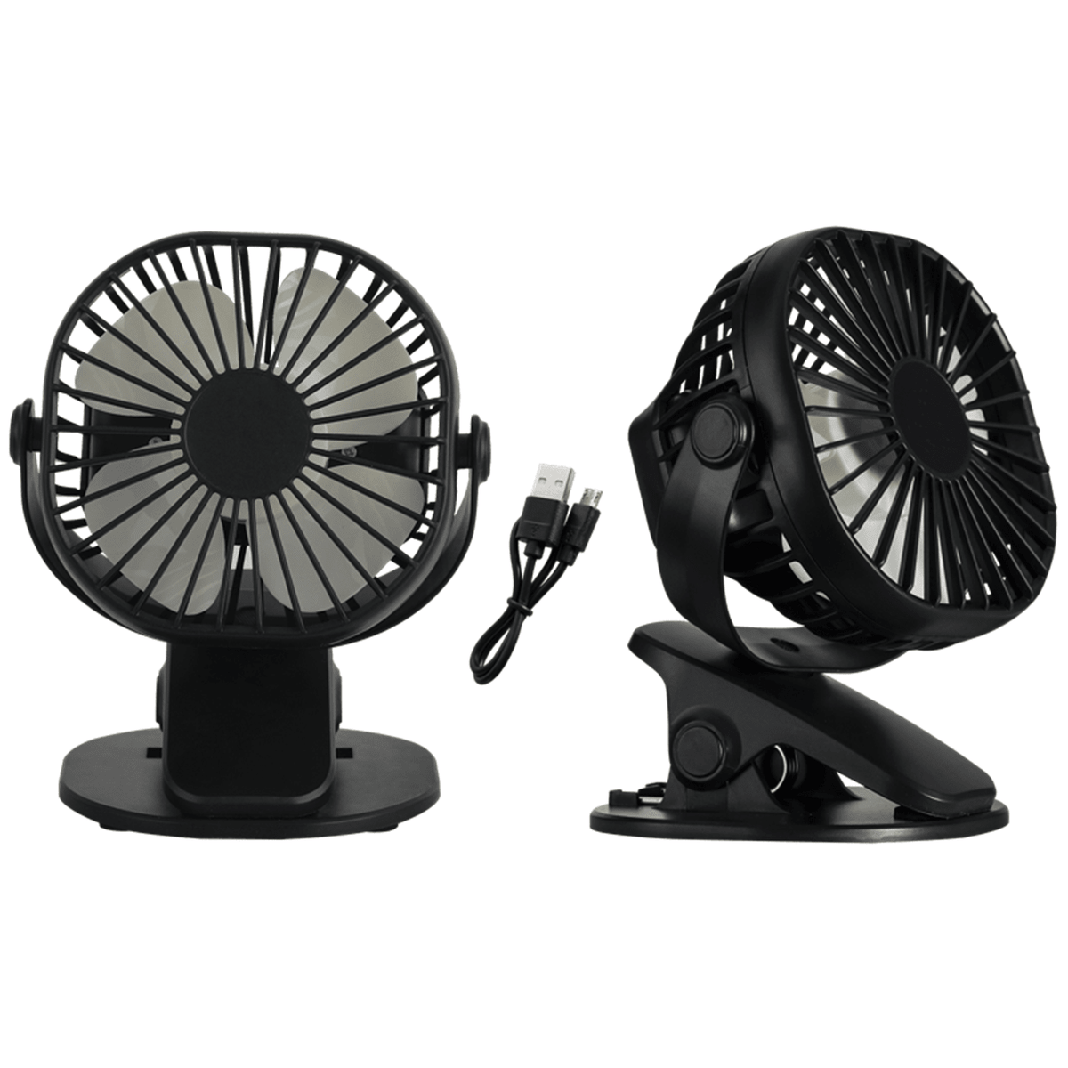Portable Rechargeable 3 Speed Clip On Fan - Black, white background, 1254 x 1254