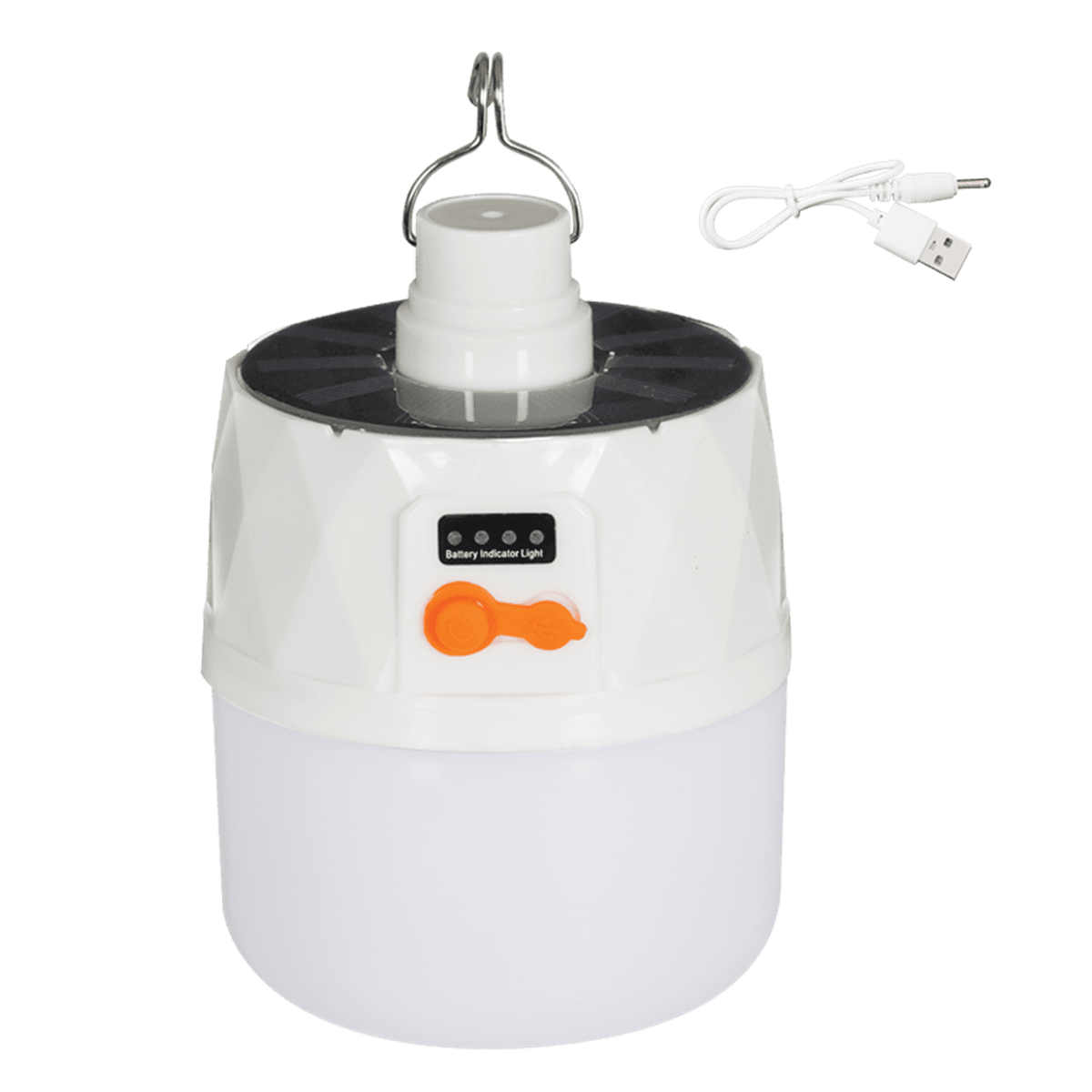 Portable solar LED bulb with hook, 6500K, on white background, 1254 × 1254