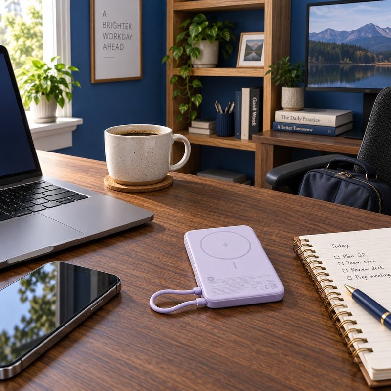 Purple magnetic power bank on a walnut home-office desk beside a phone and laptop