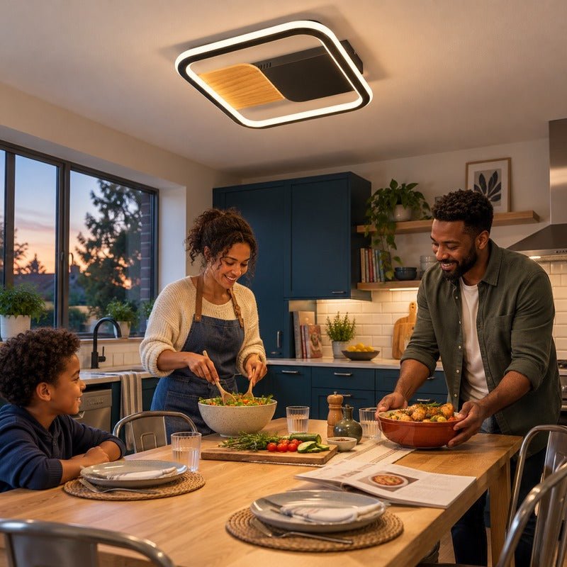 18W black square Yin and Yang ceiling fitting with warm white perimeter light above a kitchen dining table