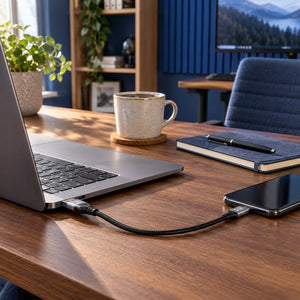 GIZZU 60W 10Gbps black USB-A to USB-C cable connected across a home office desk