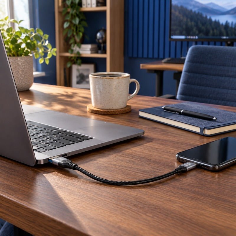 GIZZU 60W 10Gbps black USB-A to USB-C cable connected across a home office desk