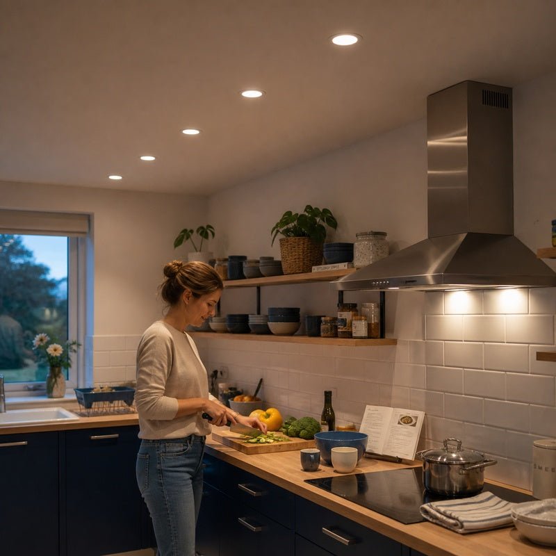 White round 6W 3-CCT recessed LED downlights installed in a kitchen ceiling