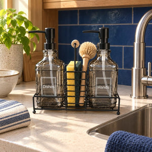 Smoked grey glass soap dispenser set with black caddy beside a kitchen sink