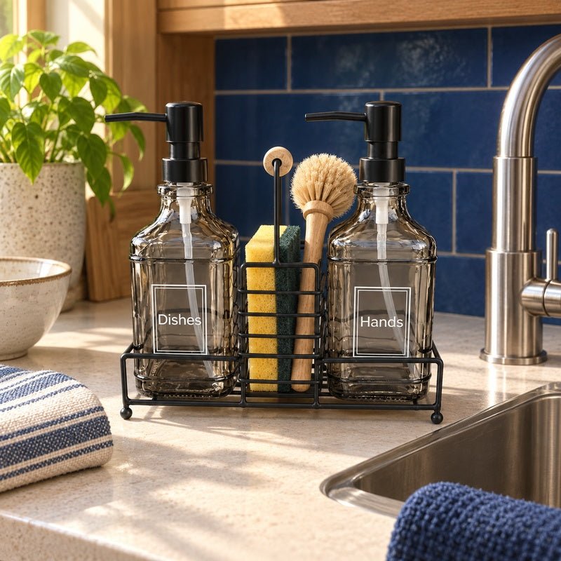 Smoked grey glass soap dispenser set with black caddy beside a kitchen sink
