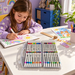 Acrylic markers box of 36 open on a white home art desk during a child's drawing activity