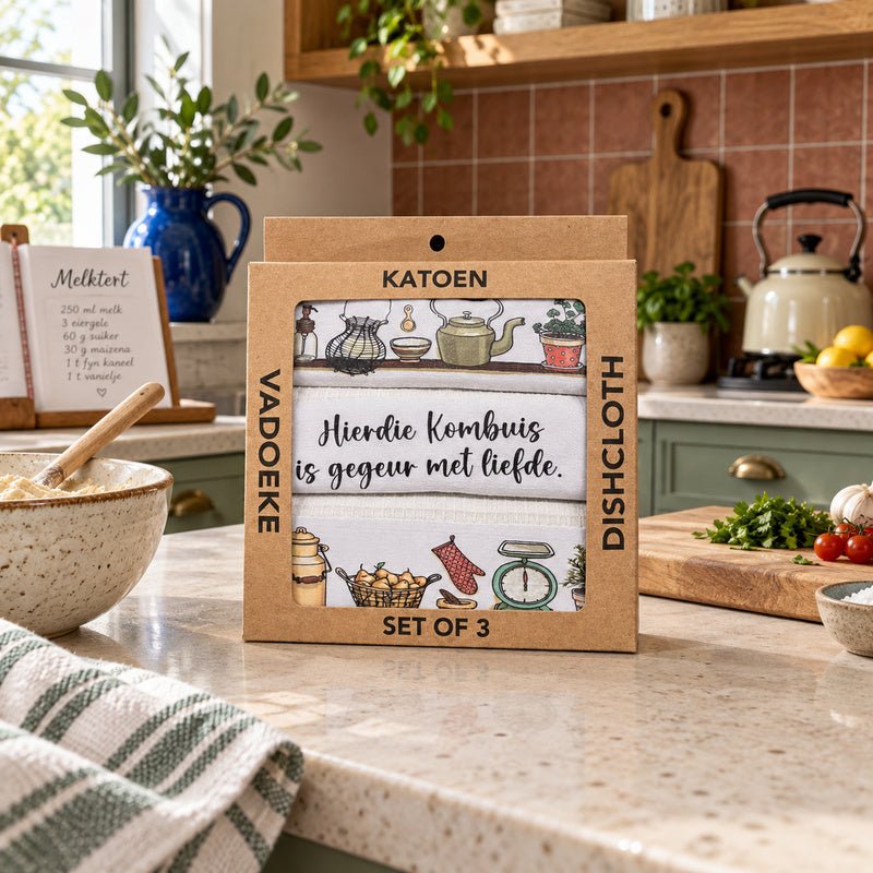 KATOEN Dishcloth Box with printed tea towels on a kitchen island