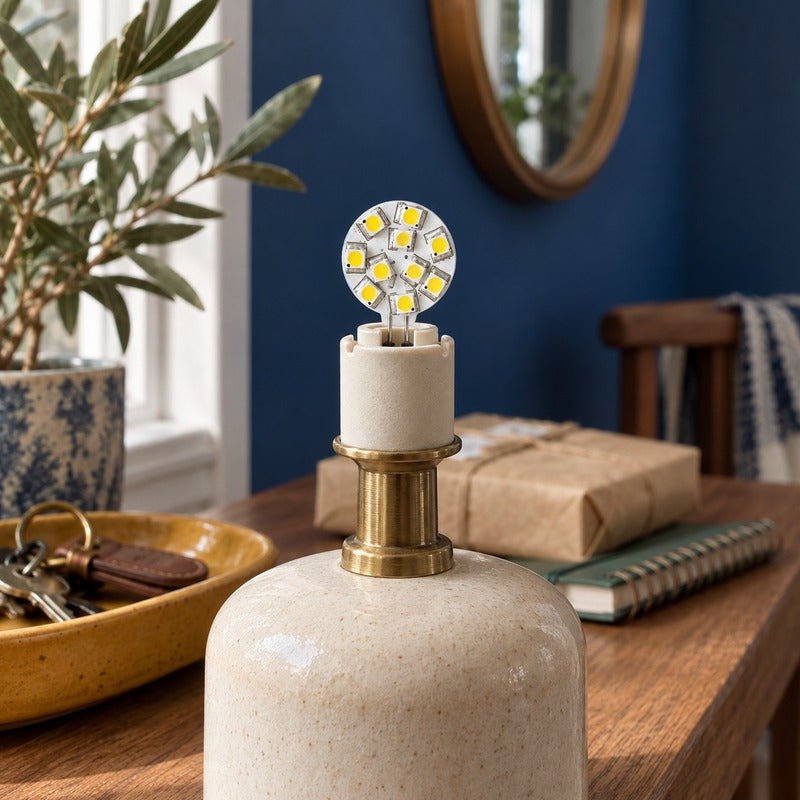 1.8W white G4 LED lamp seated in a small indoor table-lamp socket on a cobalt-blue entrance console