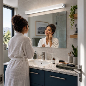 Disa white LED mirror light mounted above a bathroom vanity during morning grooming