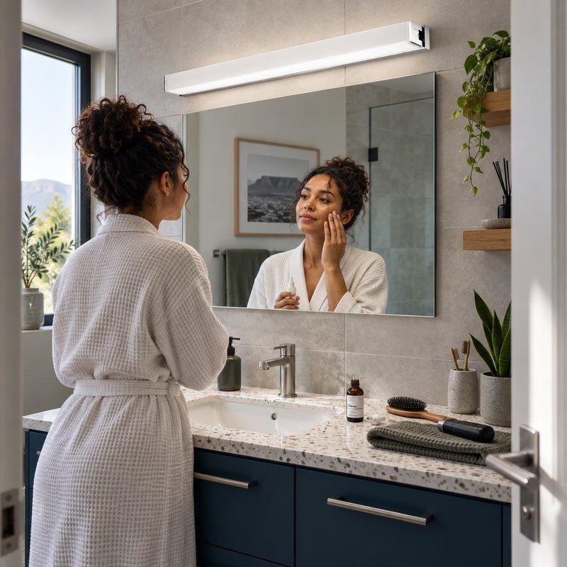 Disa white LED mirror light mounted above a bathroom vanity during morning grooming