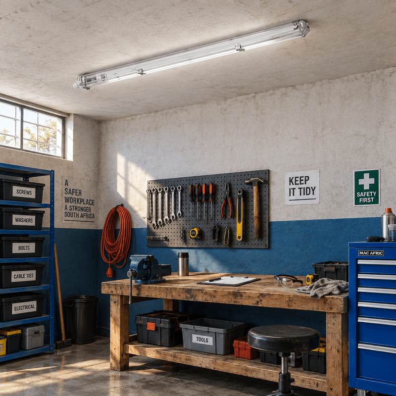 Zen tri-proof 4ft IP65 fixture surface-mounted above a South African workshop bench