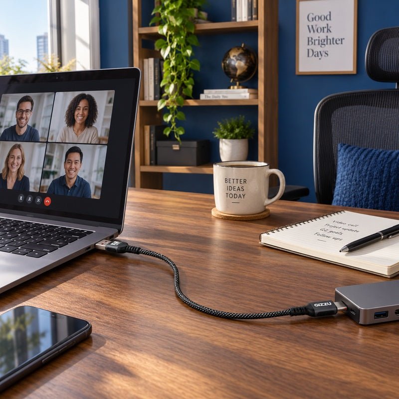 Black braided GIZZU USB to Type-C cable connecting a laptop and hub on a home-office desk