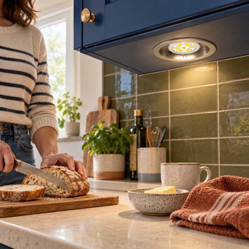 1.2W white G4 LED lamp installed in an under-cabinet kitchen light